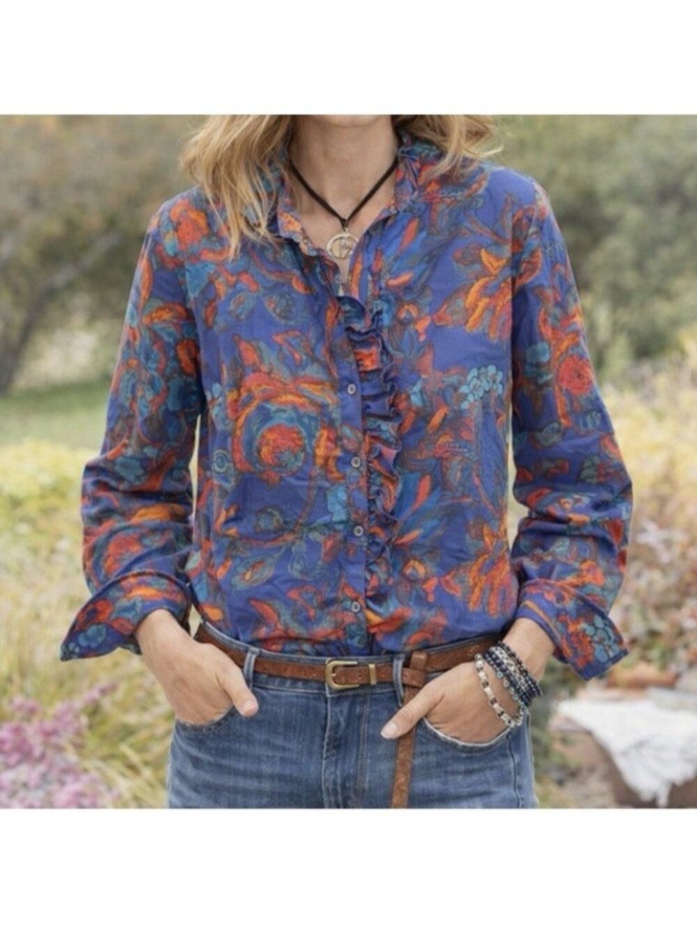 Sundance Blue Floral Ruffle Collar Button Up Lightweight Boho Cotton Top Sz PXL